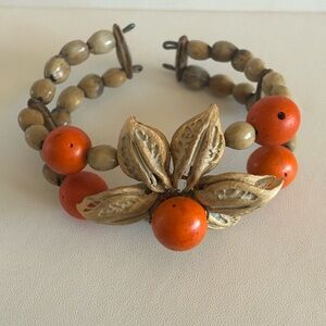 Vintage Polynesian Floral Seed Pod & Orange Wooden Beaded Bracelet